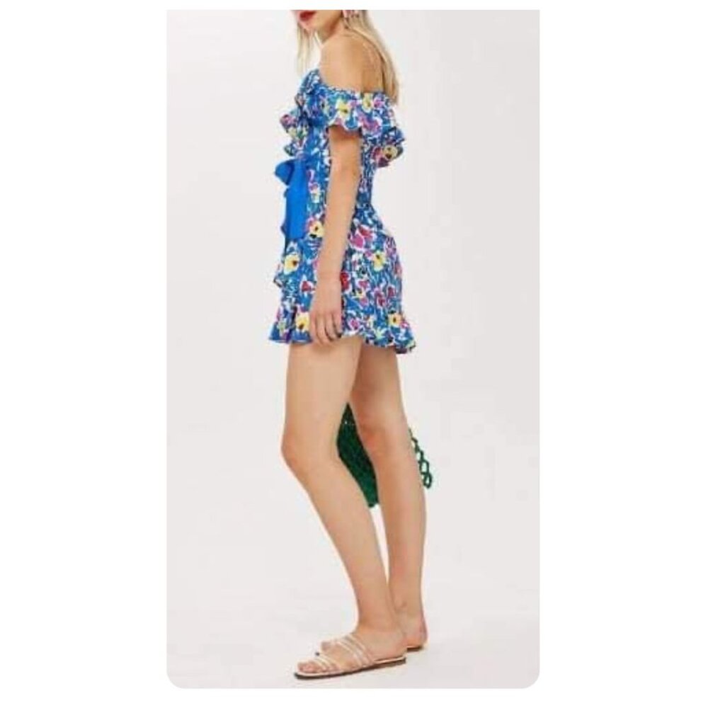 !! Topshop Blue Floral Strappy Wrap Mini Dress sz US 12 - Picture 2 of 6